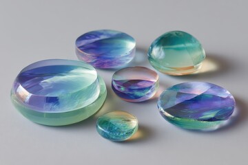 Several iridescent glass cabochons on a pale gray surface. Ideal for showcasing beauty, refraction, or gemstone concepts.