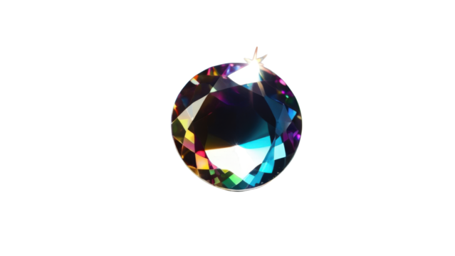 Faceted rainbow crystal diamond with vibrant reflections, perfect for backgrounds, digital art, or promotional materials.