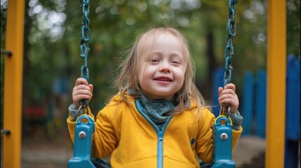 Child with down syndrome playing on swing playground yellow jacket happy joy inclusive for people family lifestyle
