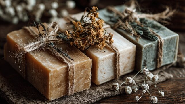 Soap bars homemade twine dried herbs eco-friendly natural organic product for lifestyle