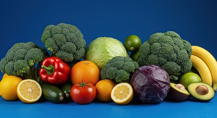 A colorful assortment of fresh produce, highlighting a spectrum of natural hues and healthy textures. This vivid display presents many non-blue elements ,food ,brown ,vegetables