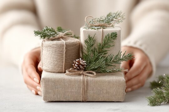 Hands wrapping eco christmas gift blurred natural paper sustainable eco-friendly for holidays