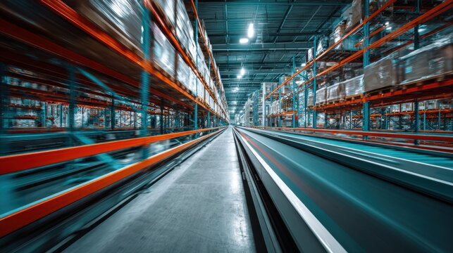 Industrial warehouse conveyor system motion blur logistics storage facility for business industry