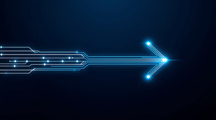 Blue illuminated arrow with circuit board elements shows direction and progress to the future