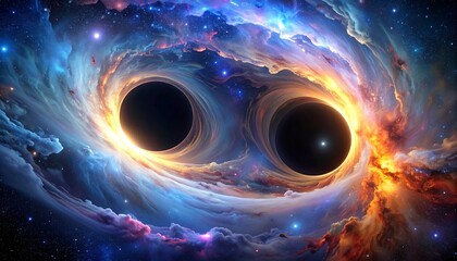 Two black holes swirl amid a nebula of vibrant blue, orange, and violet light and distant stars in outer space