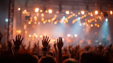 Music festival background colorful lights audience hands up concert crowd party