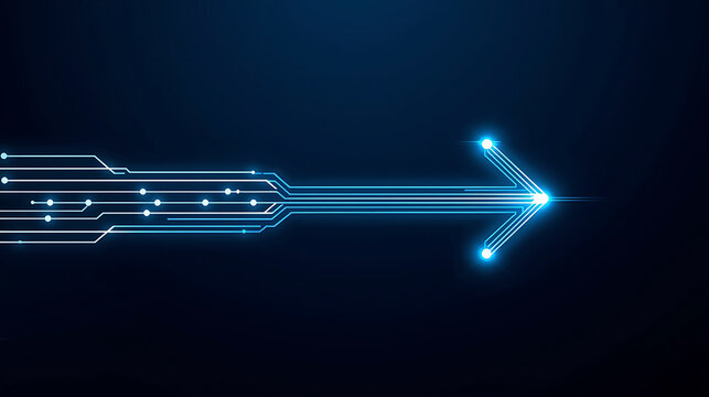Blue illuminated arrow with circuit board elements shows direction and progress to the future