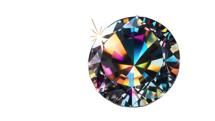 Isolated sparkling gem with prismatic colors and glossy facets, suitable for jewelry ads, fashion, or branding visuals.