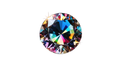 Faceted rainbow crystal diamond with vibrant reflections, perfect for backgrounds, digital art, or promotional materials.