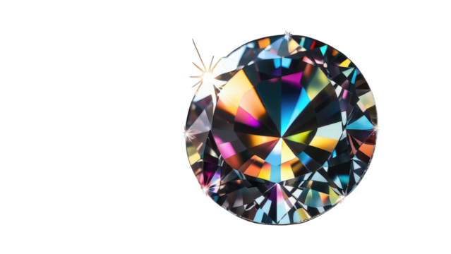Isolated sparkling gem with prismatic colors and glossy facets, suitable for jewelry ads, fashion, or branding visuals.