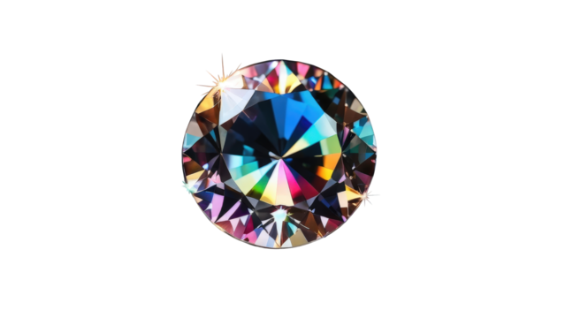 Faceted rainbow crystal diamond with vibrant reflections, perfect for backgrounds, digital art, or promotional materials.