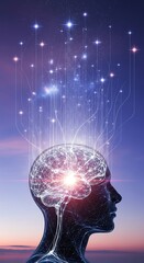 Human brain with glowing neural network and connection to universe