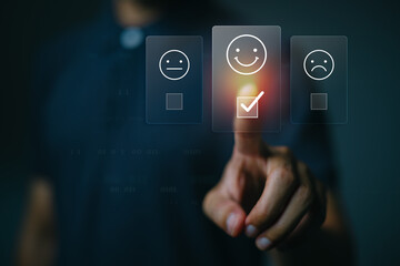 Customer Satisfaction Survey — User Touching Virtual Screen to Select Happy Face Rating, Online Feedback, and UX Experience Concept