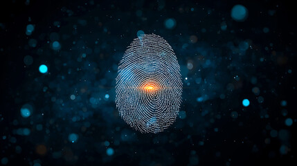 Digital Fingerprint Biometric Security Technology with Dotted Lines and Glowing Core on Dark Background