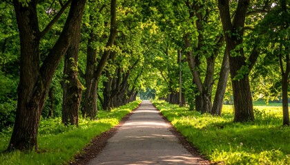 Obraz premium Tree-lined path recedes into distance, sunlight filtering through green canopy, grass on sides