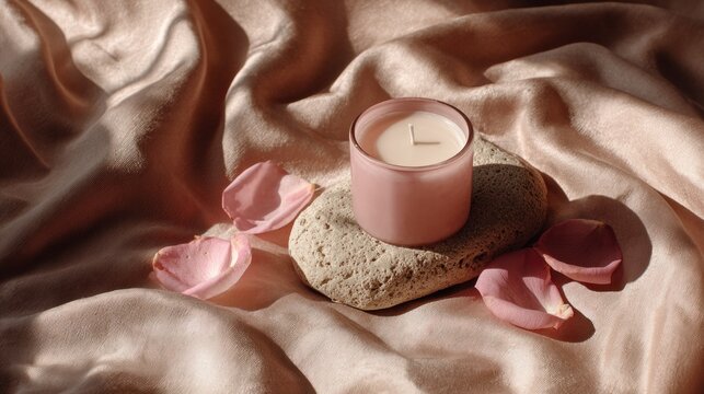 Scented candle soft fabric folds rose petals spa relaxation luxury wellness aromatherapy - Powered by Adobe