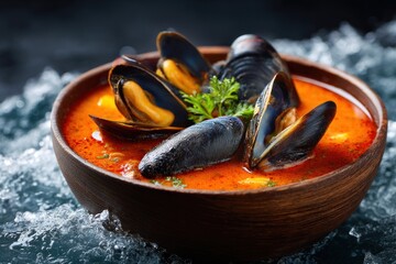 Tom Yam soup three mussels seafood Thai cuisine aromatic spicy broth hot appetizing