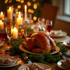 A roasted turkey sits on a holiday table, awaiting family and friends. Candles glow warmly in the background, creating a cozy ambiance.