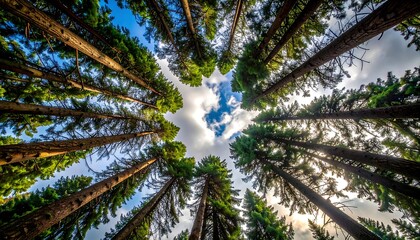 Trees reaching up to blue sky and clouds, low-angle view, forest canopy overhead, daylight, natural landscape