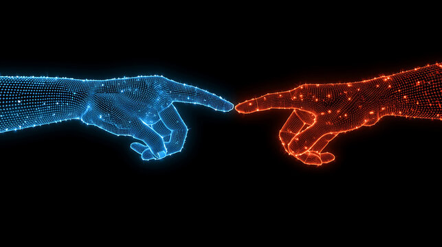 Digital Transformation Concept Abstract Technology Connection Blue and Red Hands Dotted Network - Powered by Adobe