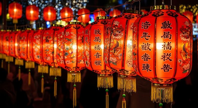 Vibrant red Chinese lanterns illuminate the night sky with festive spirit