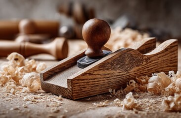 Wooden plane table wood shavings carpentry tools craft handmade woodworking artisan tools