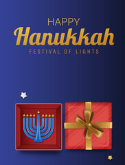 Elegant Hanukkah greeting design with menorah and golden wrapped gift boxes on blue background for Jewish Festival of Lights celebration. Hanukkah Poster Design Vector Illustration 