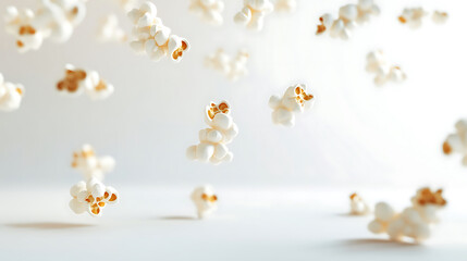A close-up view of popped popcorn kernels floating in the air, showcasing their fluffy and crispy appearance.