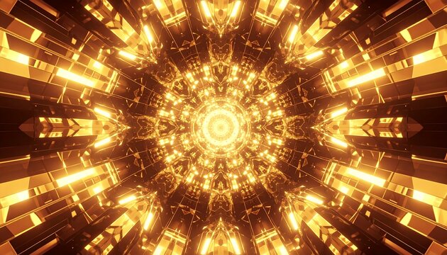 Symmetrical abstract tunnel with golden geometric patterns converging toward a bright, central light source