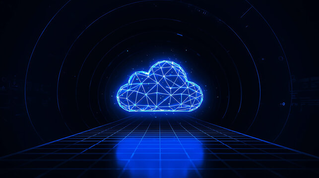 Futuristic Blue Cloud Data Illustration on Grid with Tunnel Background for Technology Concepts