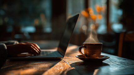 Cafe workspace with close up of laptop user enjoying coffee and remote work atmosphere