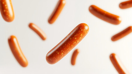 A close-up shot shows several sausage-shaped objects floating, highlighting their texture and appearance.