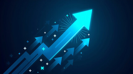 Growing business blue arrows with plus signs illustrating upward trend and success story
