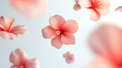 A scene with delicate pink hibiscus flowers gracefully floating in the air, showcasing their soft petals and beautiful form.