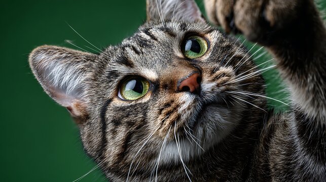 Close up of a tabby cat looking up with green eyes and a paw raised against green background