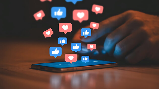 Hand using smartphone with social media likes and hearts floating online engagement concept - Powered by Adobe