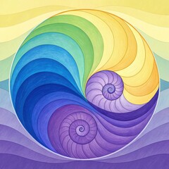 Obraz premium Vibrant rainbow spiral nautilus shell pattern with wavy background
