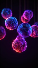 A vibrant display of colorful floating orbs with swirling patterns set against a dark backdrop, Ideal for use in technology, art, or science-related projects to evoke creativity and innovation,