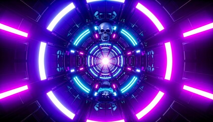Symmetrical tunnel with neon lights and skull accents, bright light source in the distance creates depth effect