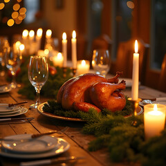 Festive holiday table setting with a roasted turkey centerpiece. Warm lighting is provided by candles and creates an inviting atmosphere.
