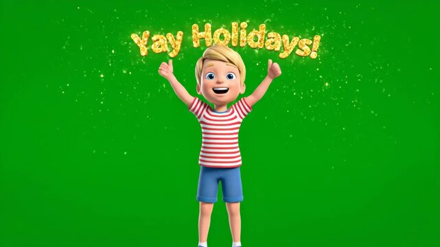 Animated cartoon boy character celebrating Yay Holidays on green screen