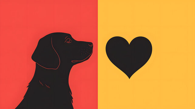 Dog and Love: Silhouette of a loyal dog paired with a black heart against a vivid two-tone backdrop, symbolizing love, friendship, and companionship.
