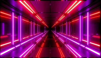 Fototapeta premium Symmetrical tunnel with red and pink neon lights receding into the distance against a dark background