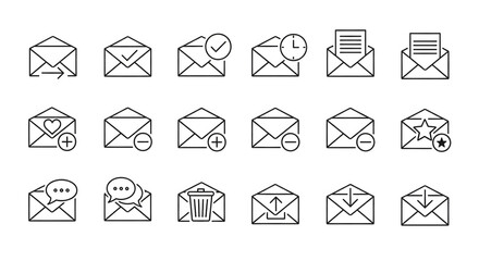 Email Icons Set: A collection of various email icon designs, representing different message statuses and functions, showcasing minimalist line art suitable for digital and print media.