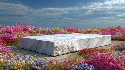 A marble podium stands amidst a field of vibrant wildflowers against a blue sky. Use this to showcase your product or design in a natural, aesthetic setting.