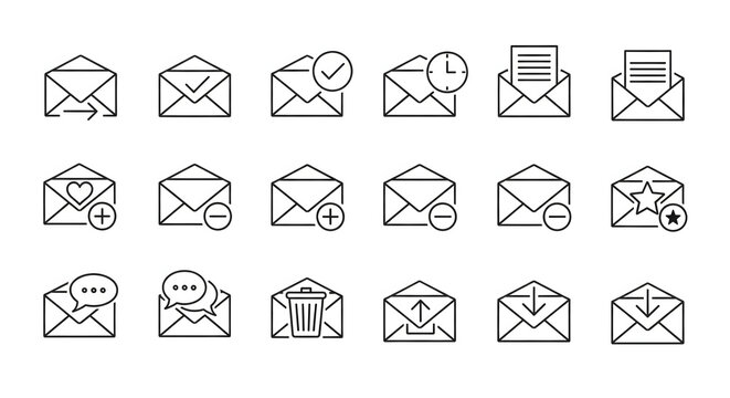 Email Icons Set: A collection of various email icon designs, representing different message statuses and functions, showcasing minimalist line art suitable for digital and print media.