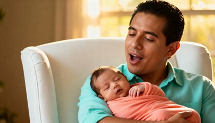 Hispanic father singing a lullaby to his sleeping newborn baby. Loving dad holding his swaddled infant in an armchair at home. Tender moment of fatherhood and paternal love