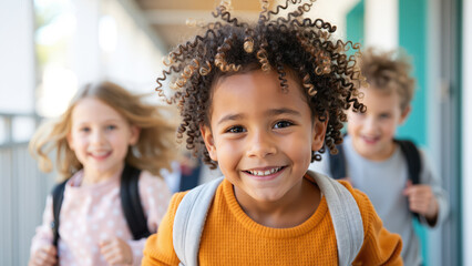 close-up of smiling school children running with backpacks outdoors