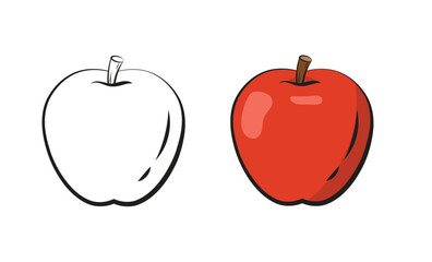 Coloring Page for Kids. Simple Apple Outline and Colored Version. Education and Drawing Book Vector Illustration. Fruit Clipart for Art Activity.