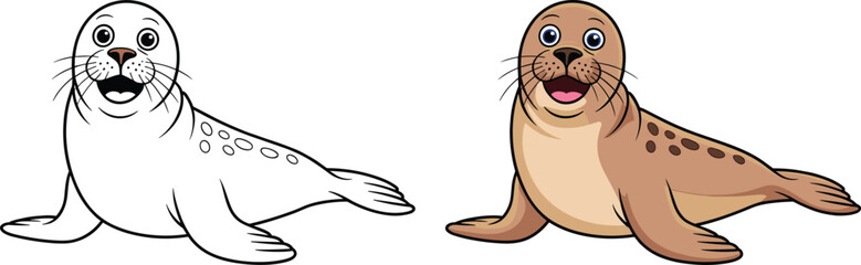 Cartoon seal illustration, outline and colored version, playful animal pose, kids coloring page, educational 